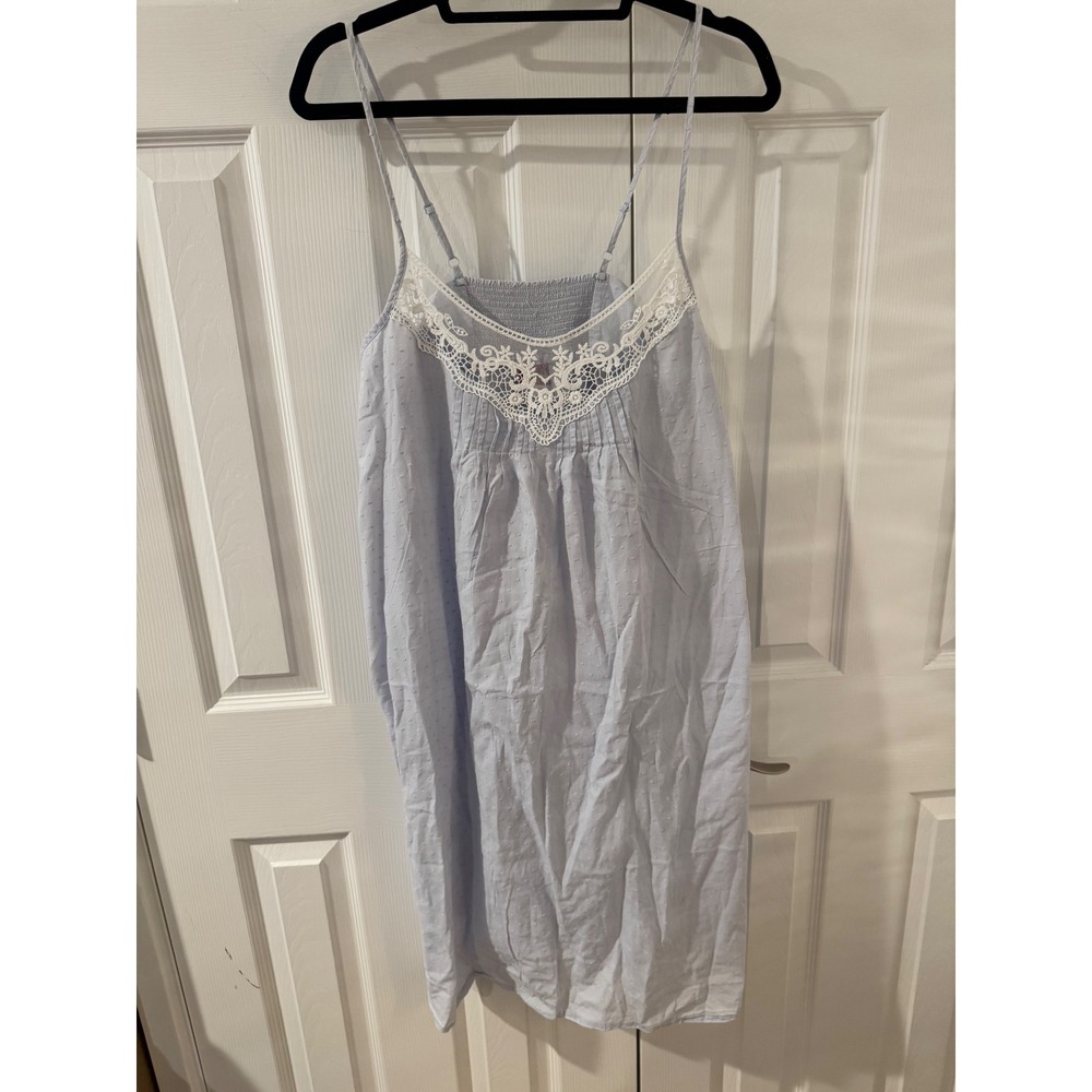 Vintage Next Swiss Dot Lace Trim Nightgown Light Blue Sleeveless Chemise Medium